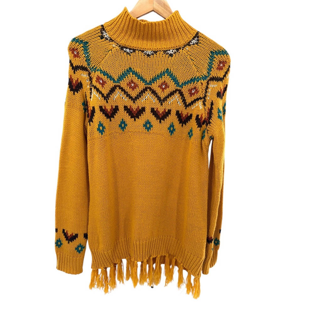 Wrangler Women Geometric Mock Neck Aztec Sweater Fringe Southwestern‎ Knit M